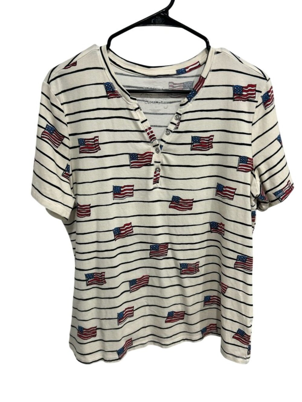 Coral Bay Large Patriotic Flag Henley Short Sleeve Striped Top Americana Nautica